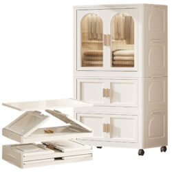 Side Wide Folding Wardrobe, With Magnetic Door, Plastic Storage Cabinet With Wheels (1 Layer Of Wardrobe + 2 Layers Of Folding Boxes + 10 Hangers) - Cream White