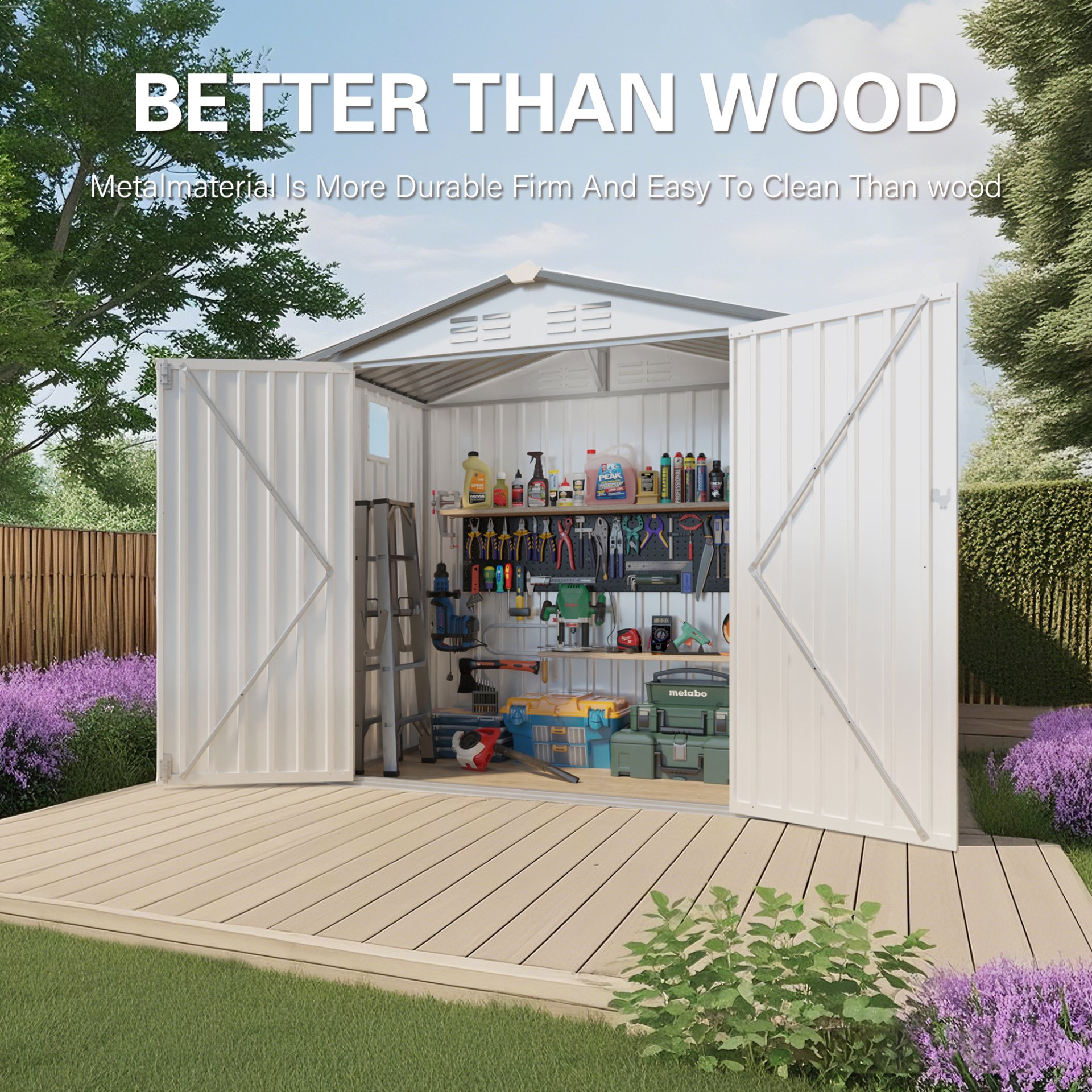 Garden Tool Shed, Storage Shed With Peaked Roof Waterproof Lockable Door - White / Gray - Image 8