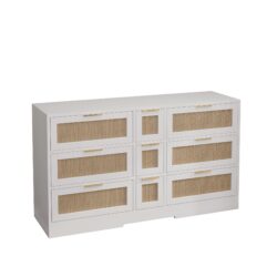 Elegant Rattan Locker With 9 Drawers, Metal Handles, For Kitchen, Living Room, Bedroom - White