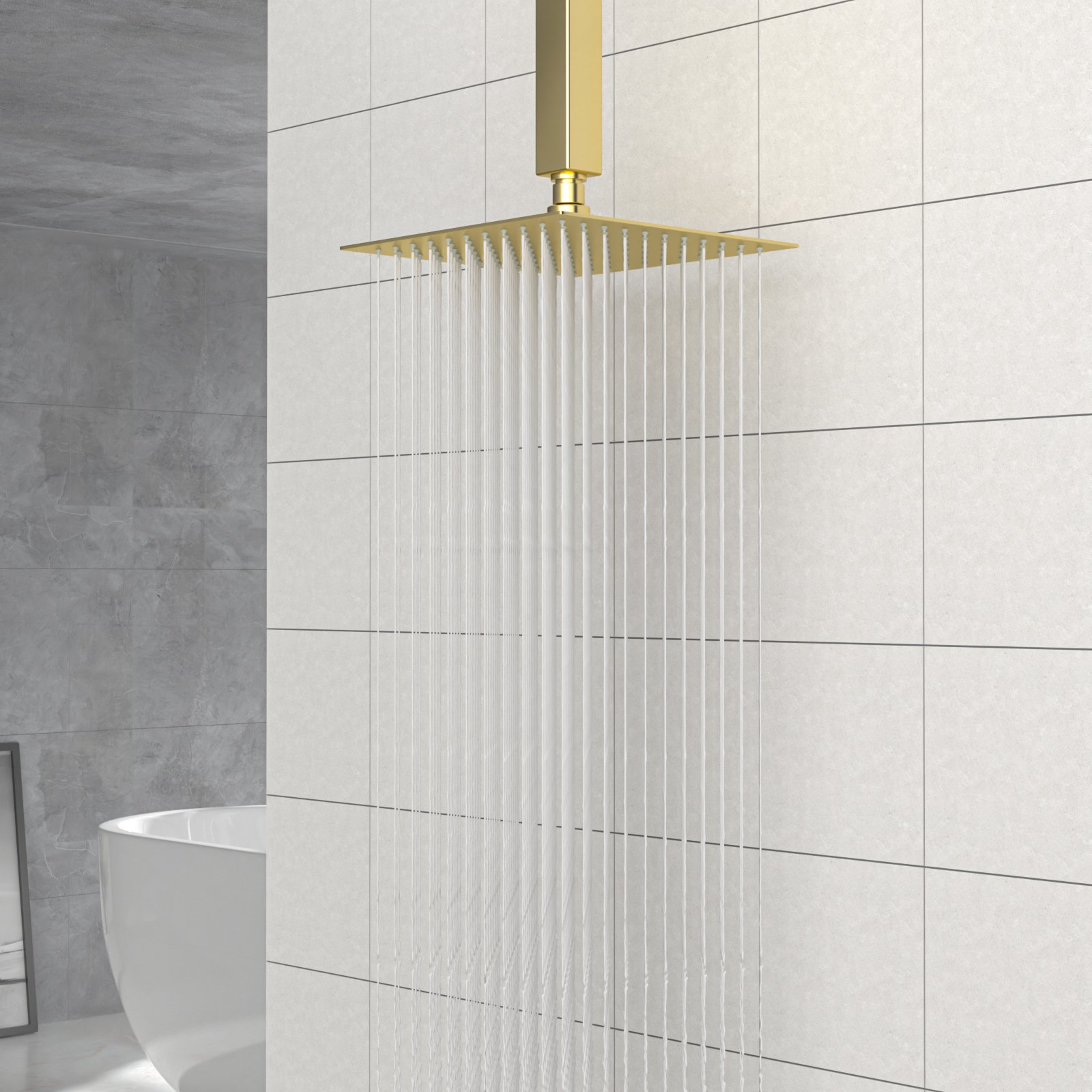 8" Stainless Steel Square Rainfall Shower Head Wall & Ceiling Mount With Self Cleaning Nozzles & Full Body Coverage - Gold - Image 4