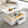 Lift Top Coffee Table With 4 Storage Stools, Multi Functional Adjustable Coffee Table For Living Room - White - Image 2