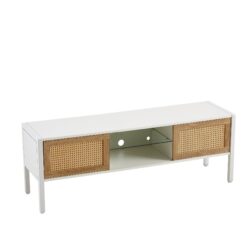 Rattan TV Cabinet With Variable Color Light Strip, Double Sliding Doors For Storage, Adjustable Shelf, Metal Legs, TV Console For Living Room - White