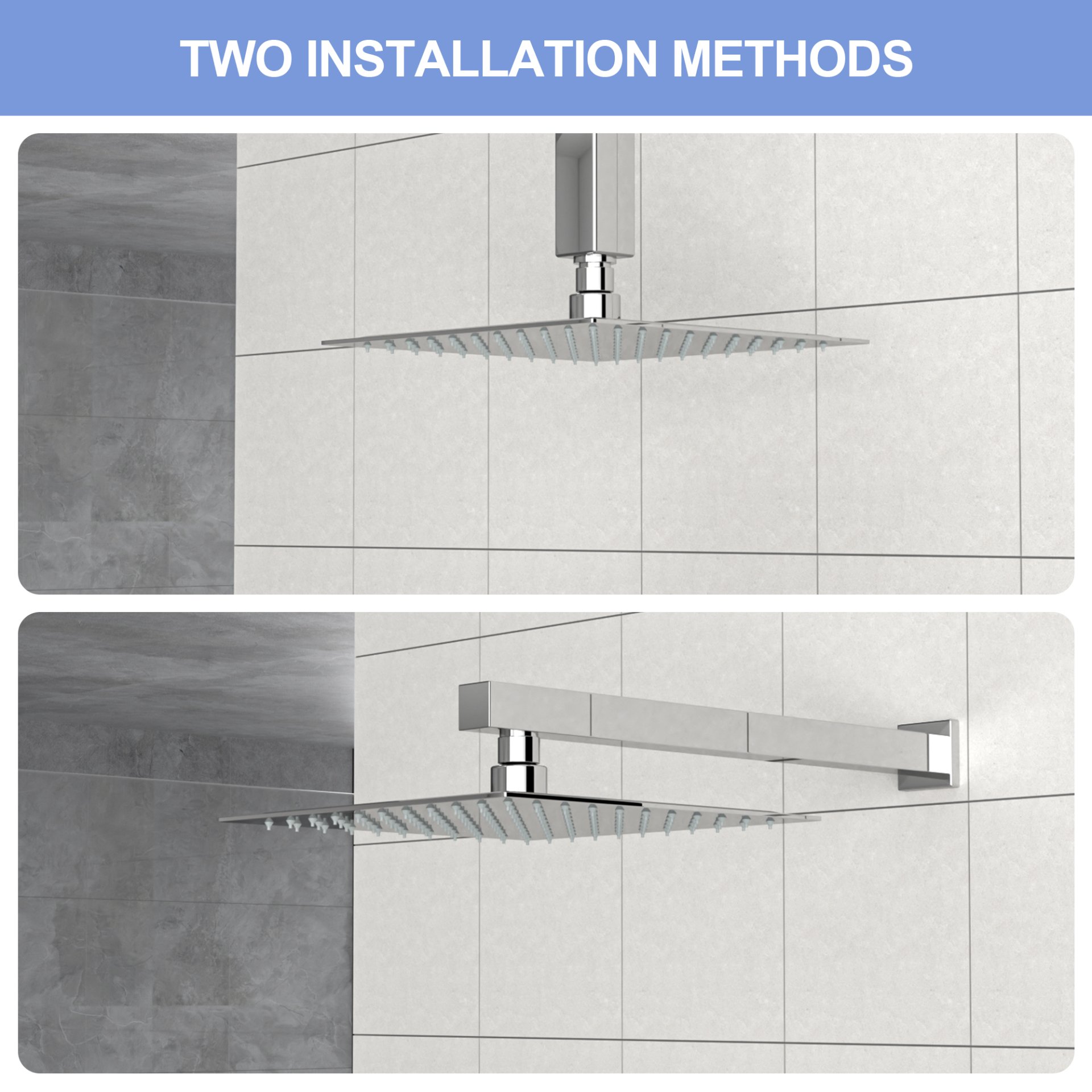 Elegant 8" Square Rainfall Shower Head, Wall / Ceiling Mounted, Stainless Steel - Chrome - Image 6