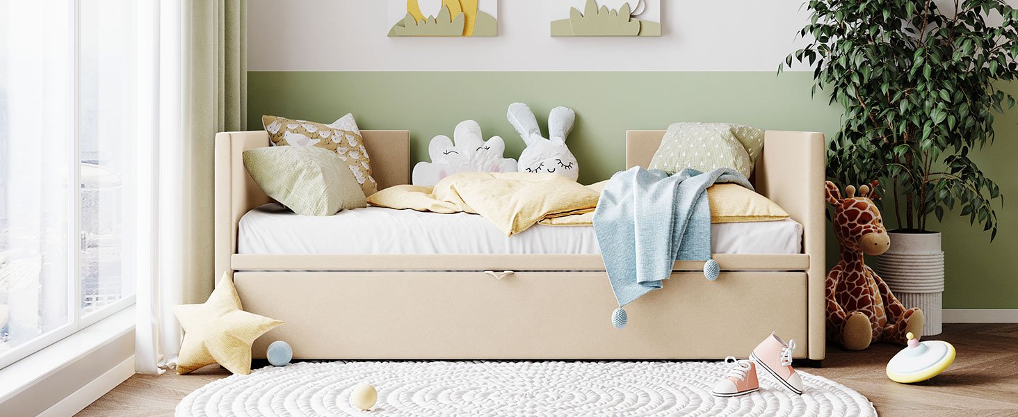 Twin Size Upholstered Daybed With Pop Up Trundle - Beige - Image 14