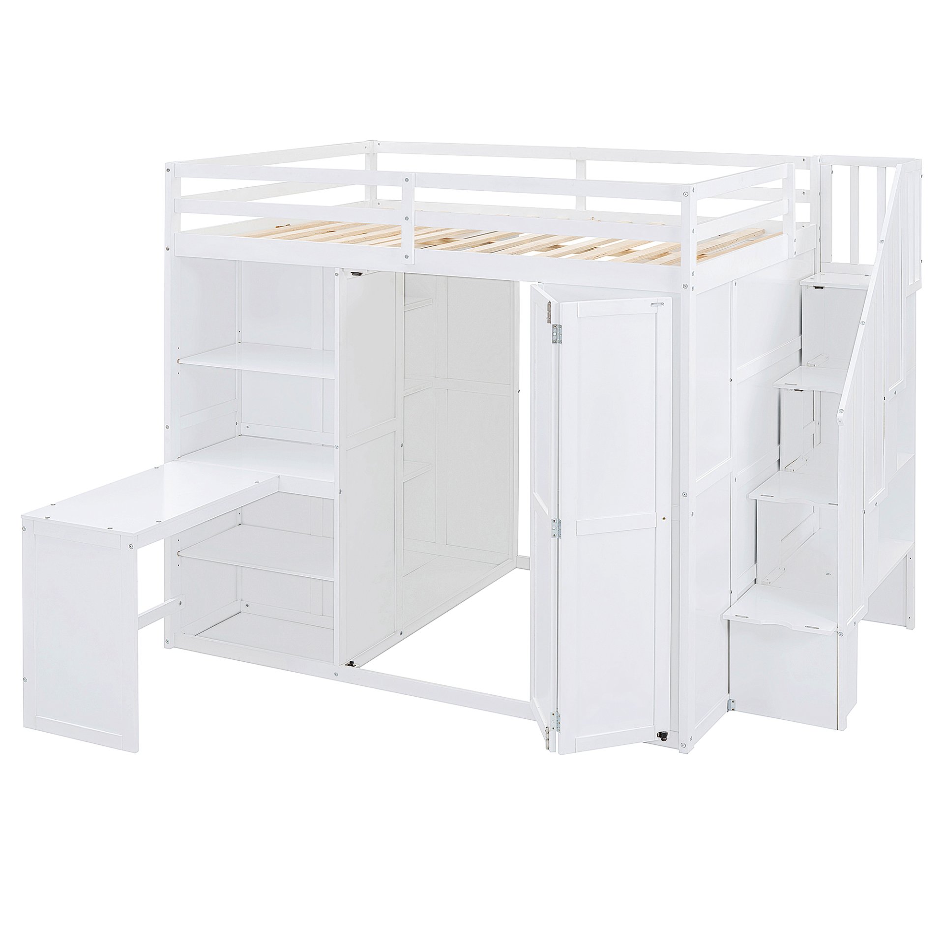Full Size Loft Bed With Wardrobe, Desk And Shelves - White - Image 6