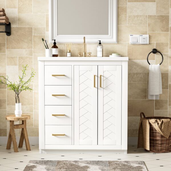 Bathroom Vanity With Ceramic Sink Combo, Frame Bathroom Storage Cabinet, Freestanding Vanity Set With 3 Drawers & Soft Closing Doors - White