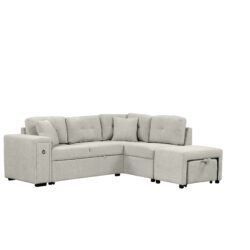 Sectional Sofa L-Shaped Sofa Couch Pull-Out Sofa Bed With A Movable Ottoman, Two USB Ports And Two Cup Holders For Living Room - Gray