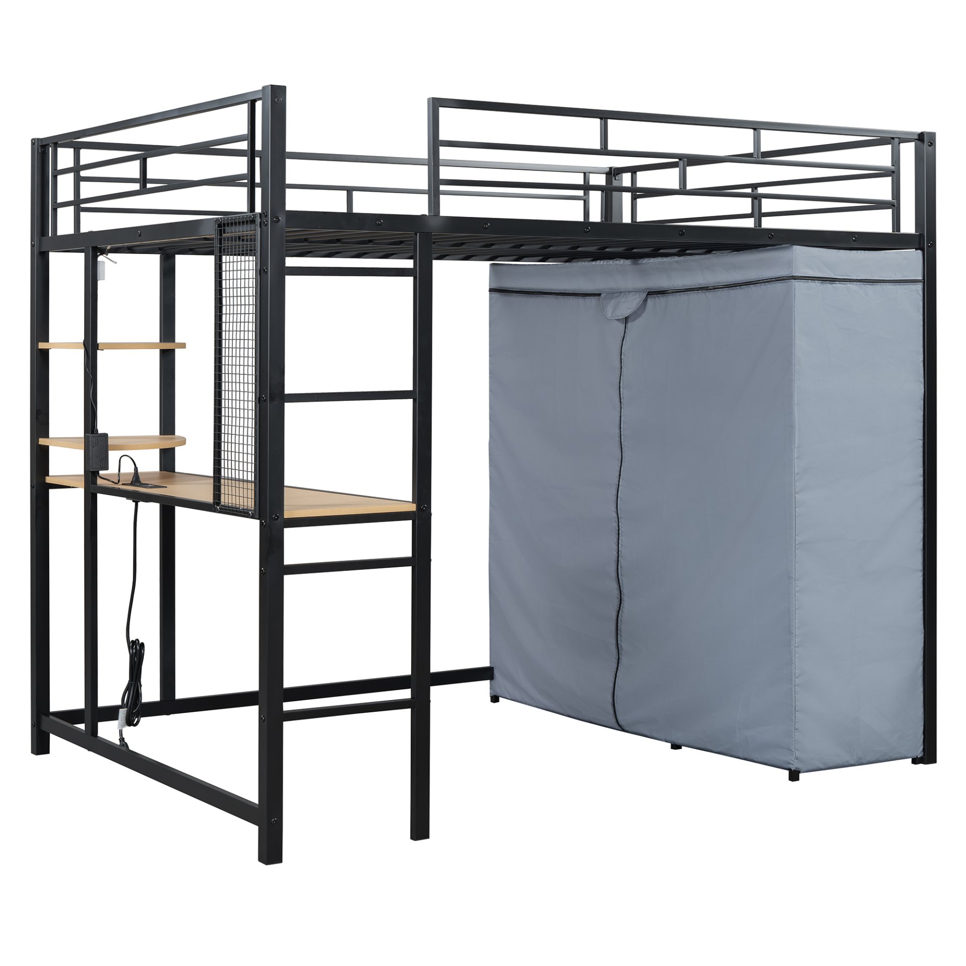 Full Size Loft Bed With Desk, Shelves, Power Outlet, LED Light And Wardrobe - Black - Image 21