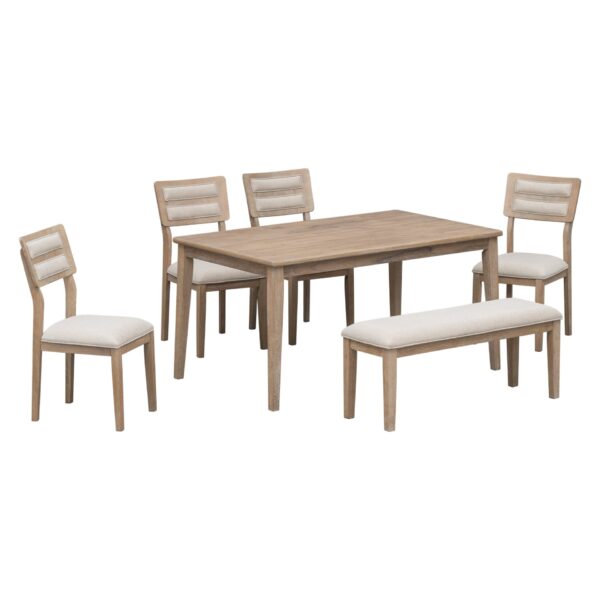6 Piece Dining Set Classic And Traditional Style, Includes Dining Table, 4 Upholstered Chairs & Bench - Natural Wash