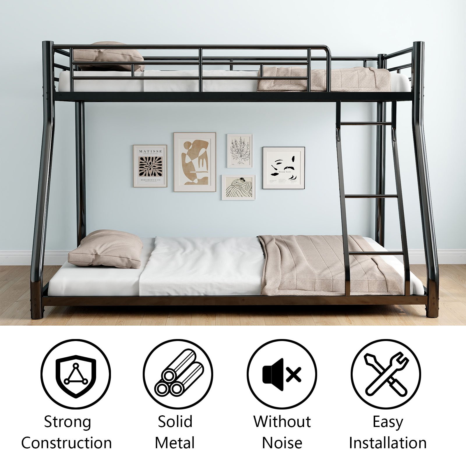 Twin Over Full Metal Bunk Bed Frame With Ladder And Guardrail, Heavy Duty Noise Free Design Metal Construction - Black - Image 7