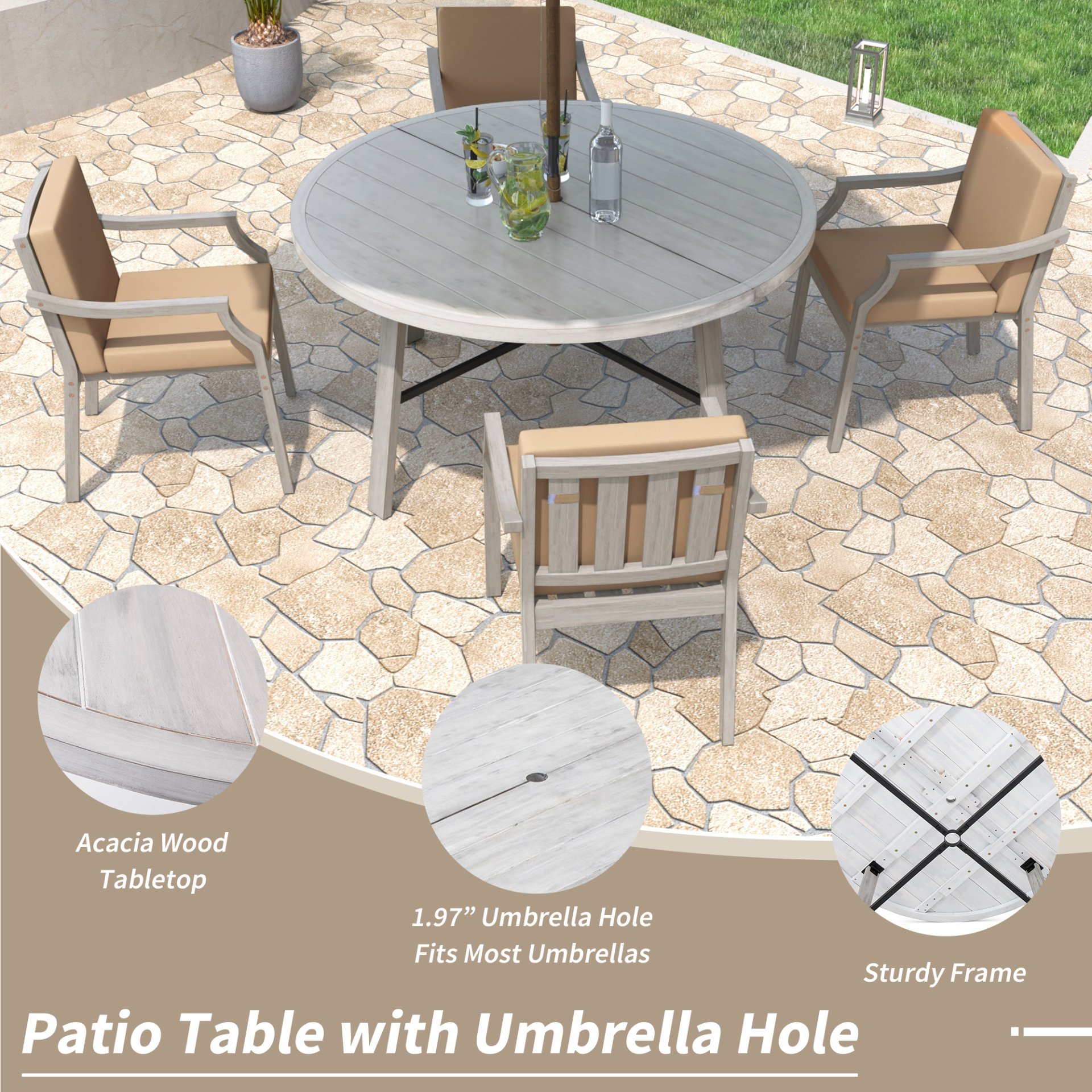 Outdoor Dinning Set 4 Person Outdoor Wooden Dinning Set With An Umbrella Hole And Removable Cushions For Patio, Backyard, Garden - Antique Gray - Image 4