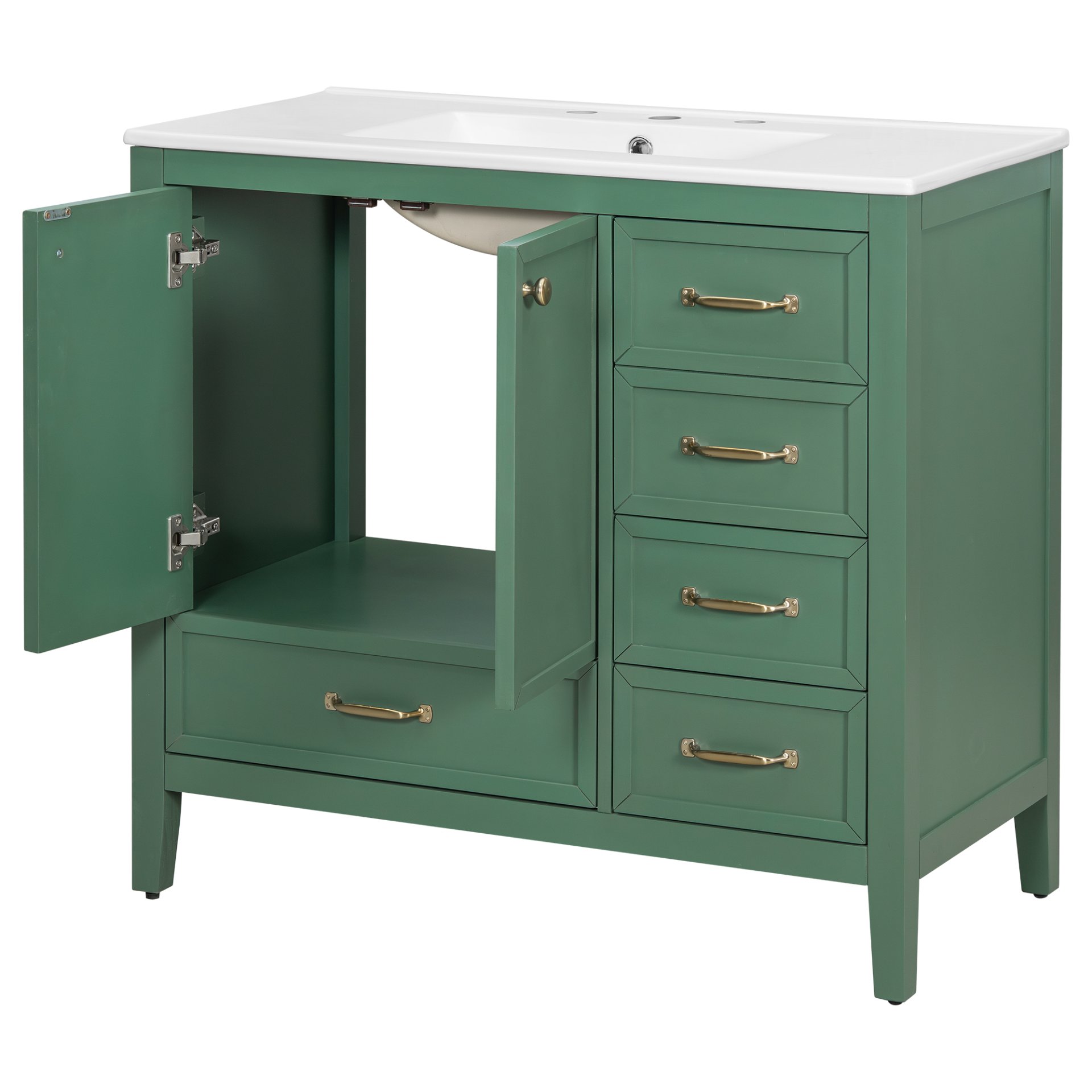Elegant Vintage 36" Bathroom Vanity With Sink And Soft Closing Door, 4 Drawers Of Different Sizes Frame - Green - Image 16