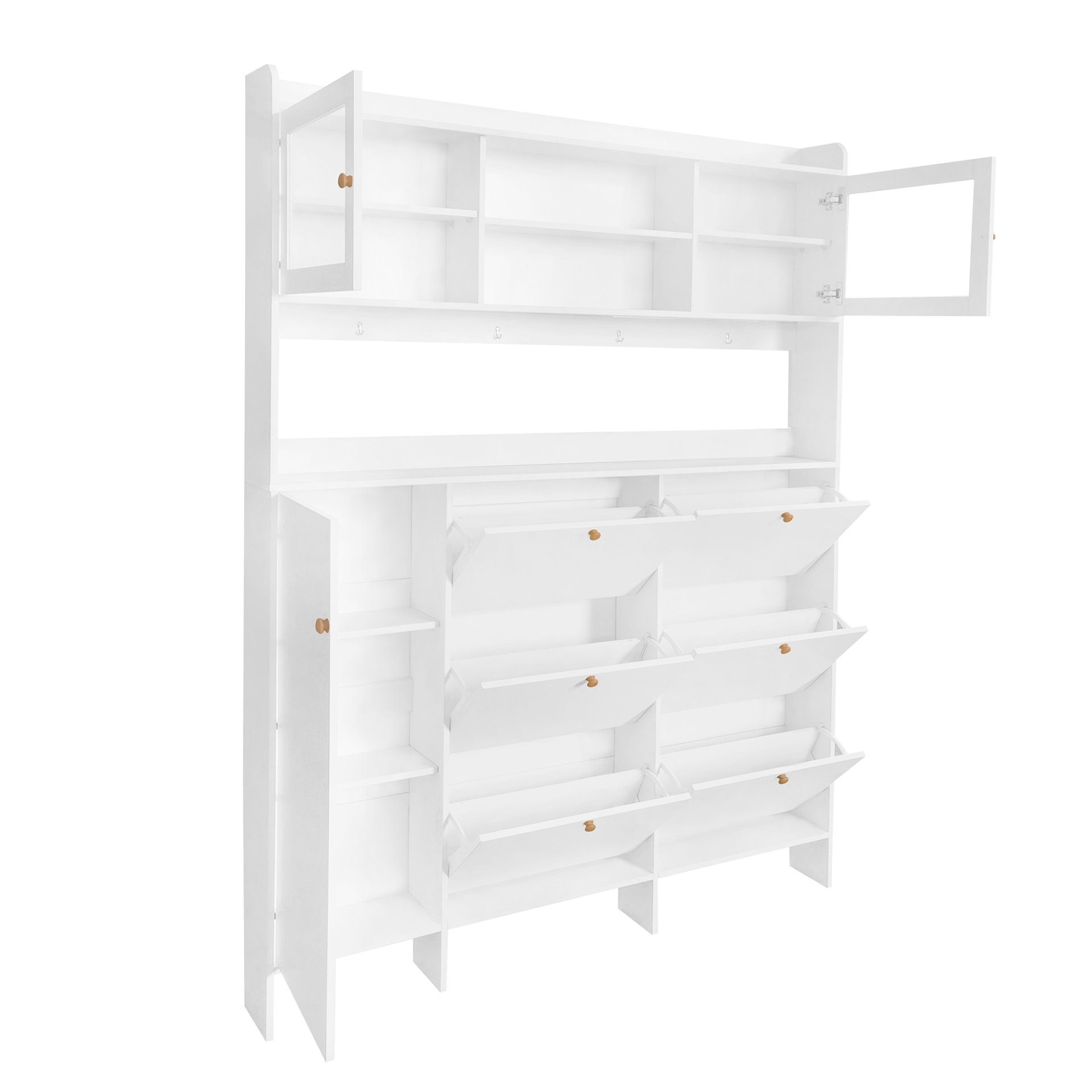 Multifunctional Tipping Bucket Shoe Cabinet With Storage Shelf & 6 Flip Drawers, Large Hall Tree With Tempered Glass Doors, Foyer Cabinet With 4 Hooks For Hallway - White - Image 13