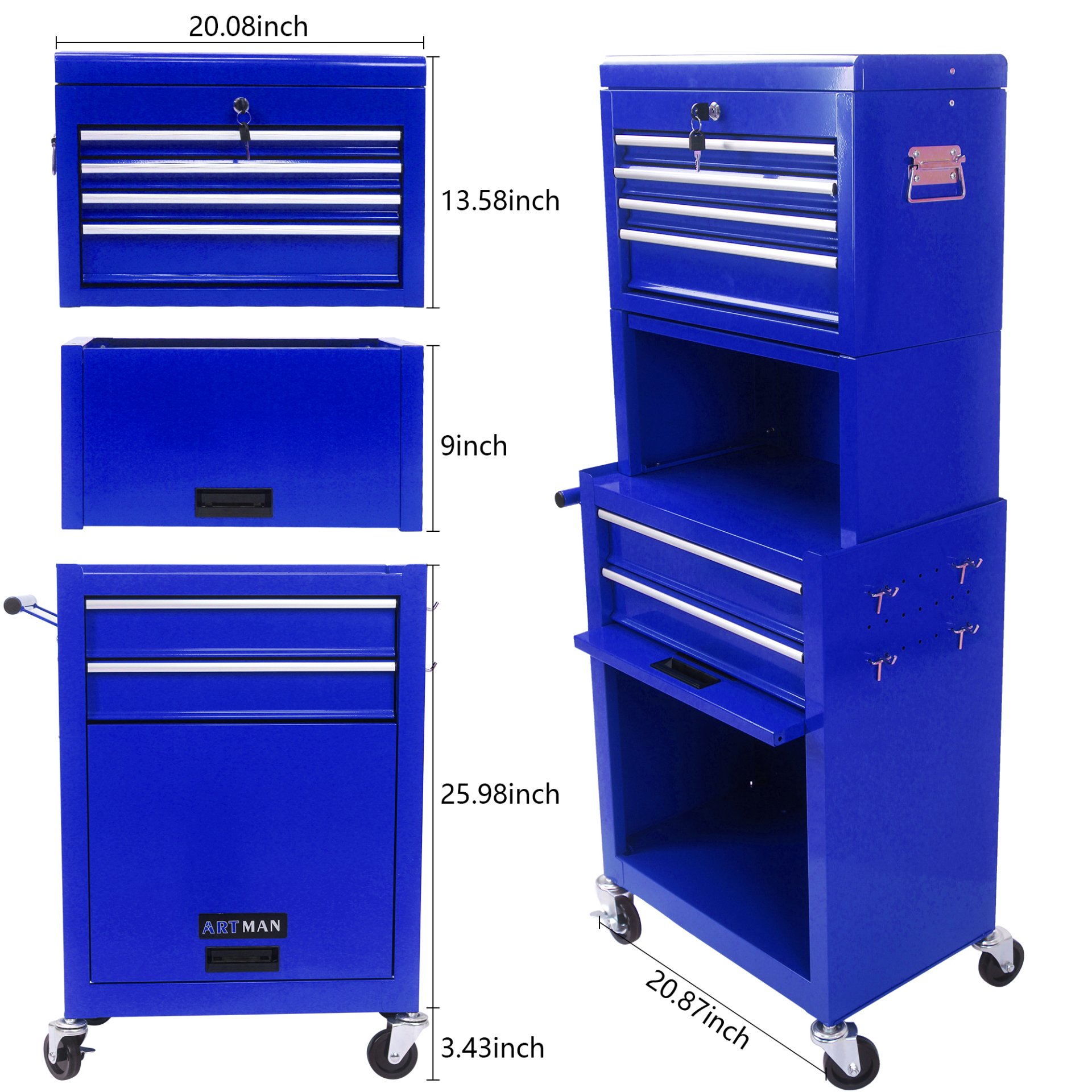 6 Drawer Lockable Tool Cabinet On Wheelsб Steel Rolling Tool Chest With Detachable Toolbox, 2 In 1 Garage Workshop Storage Organizer With 4 Universal Casters - Blue - Image 5