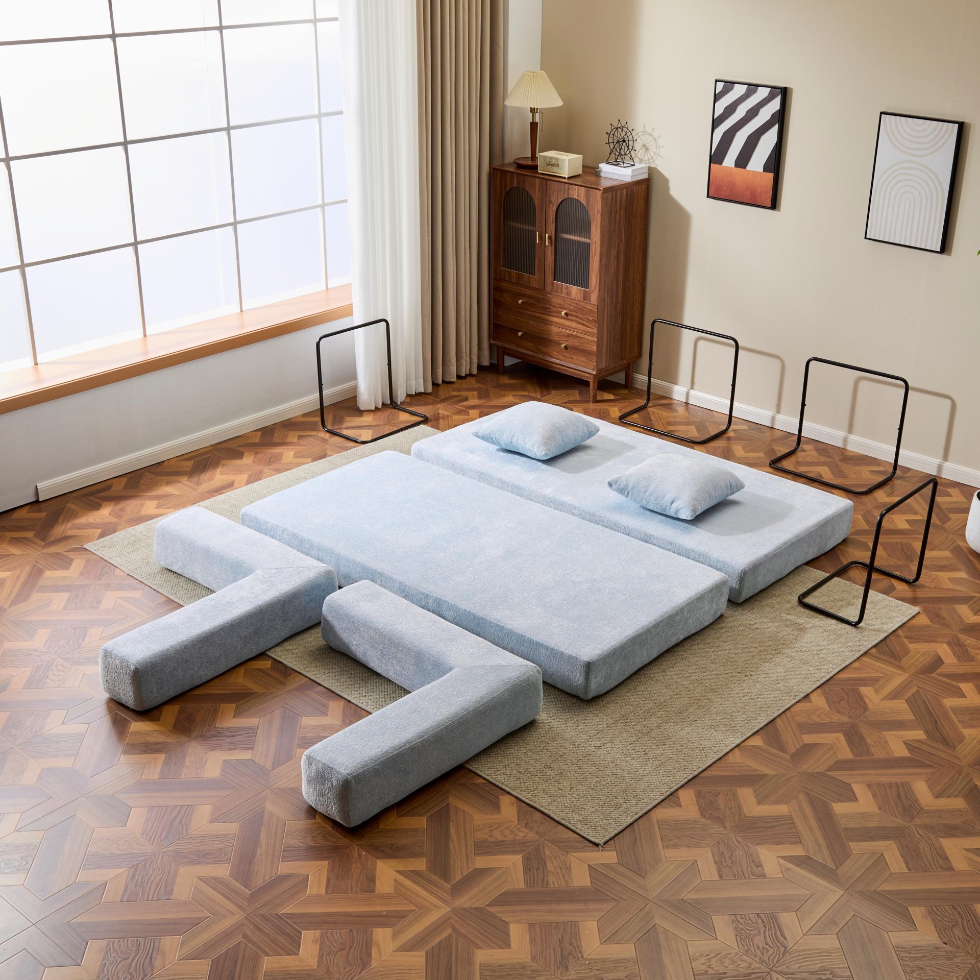 Floor Couch, Compression Sofa, Convertible Floor Sofa Bed With Pillow Back Support Armrest - Light Blue - Image 9