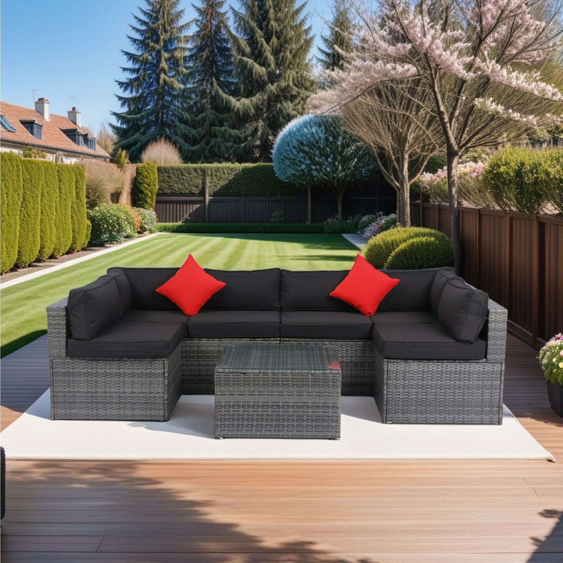 5 Pieces Rattan Sectional Outdoor Furniture Cushioned U Sof Set With 2 Pillow - Gray / Black - Image 4