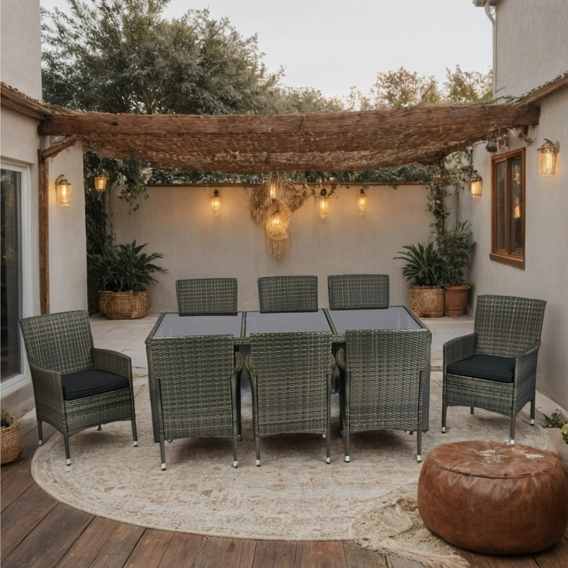 9 Piece Outdoor Patio Wicker Dining Set Patio Wicker Furniture Dining Set Glass Top - Gray / Black - Image 12