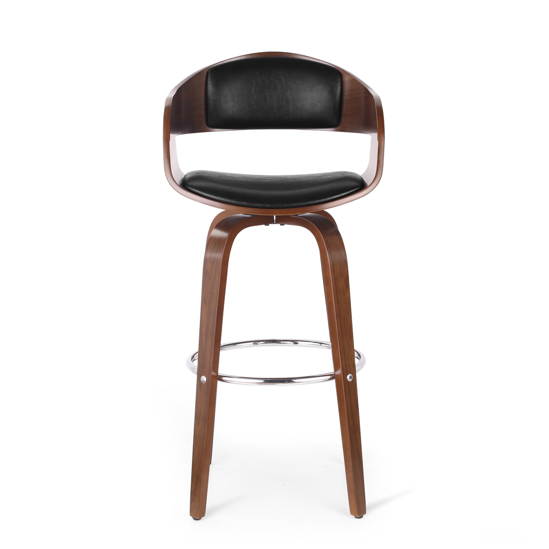 Upholstered Swivel Barstool With Wood Frame / Chrome Footrest - Walnut / Black - Image 4