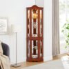 Corner Curio Cabinet With Lights, Adjustable Tempered Glass Shelves, Mirrored Back, Display Cabinet (E26 Light Bulb Not Included) - Walnut - Image 2
