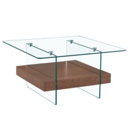 Modern 2 Tier Square Coffee Table Elegant Clear Glass And Dark Wood Texture - Transparent / Wood
