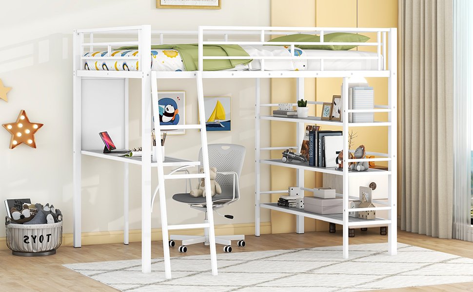 Full Size Loft Bed With 3 Layers Of Shelves And Desk, Stylish Frame Bed - White - Image 12