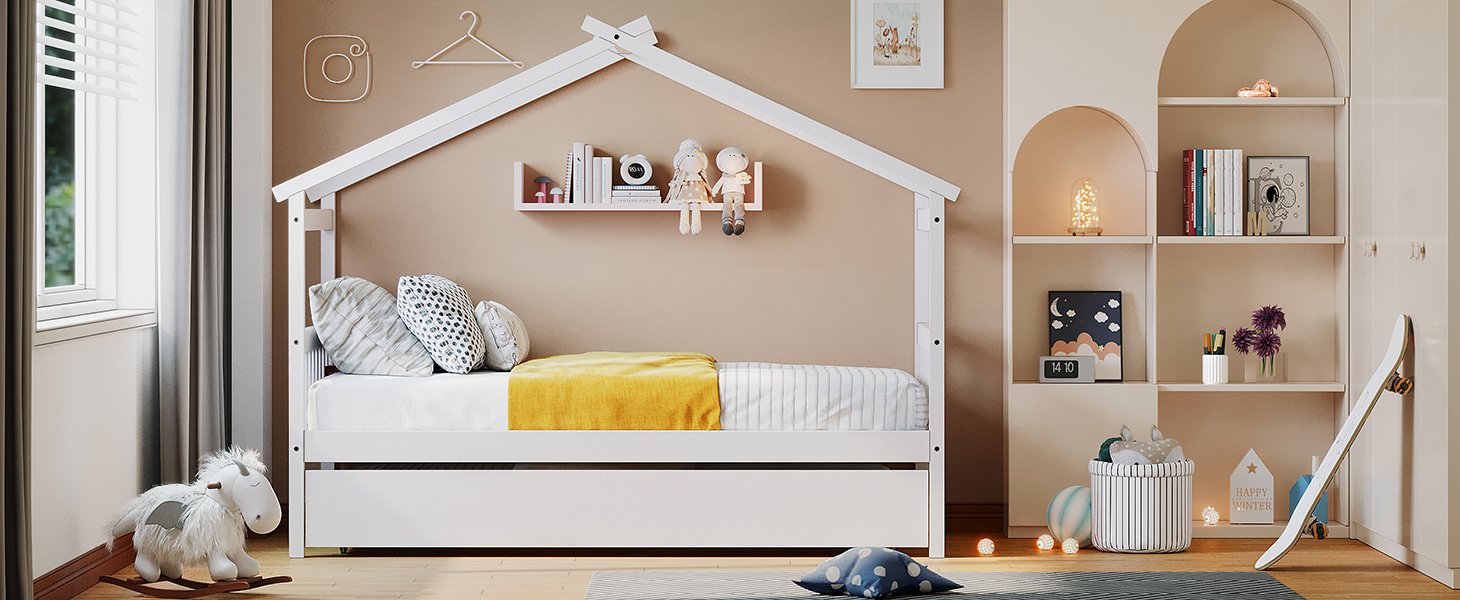 Twin Size House Bed With Twin Size Trundle - White - Image 13