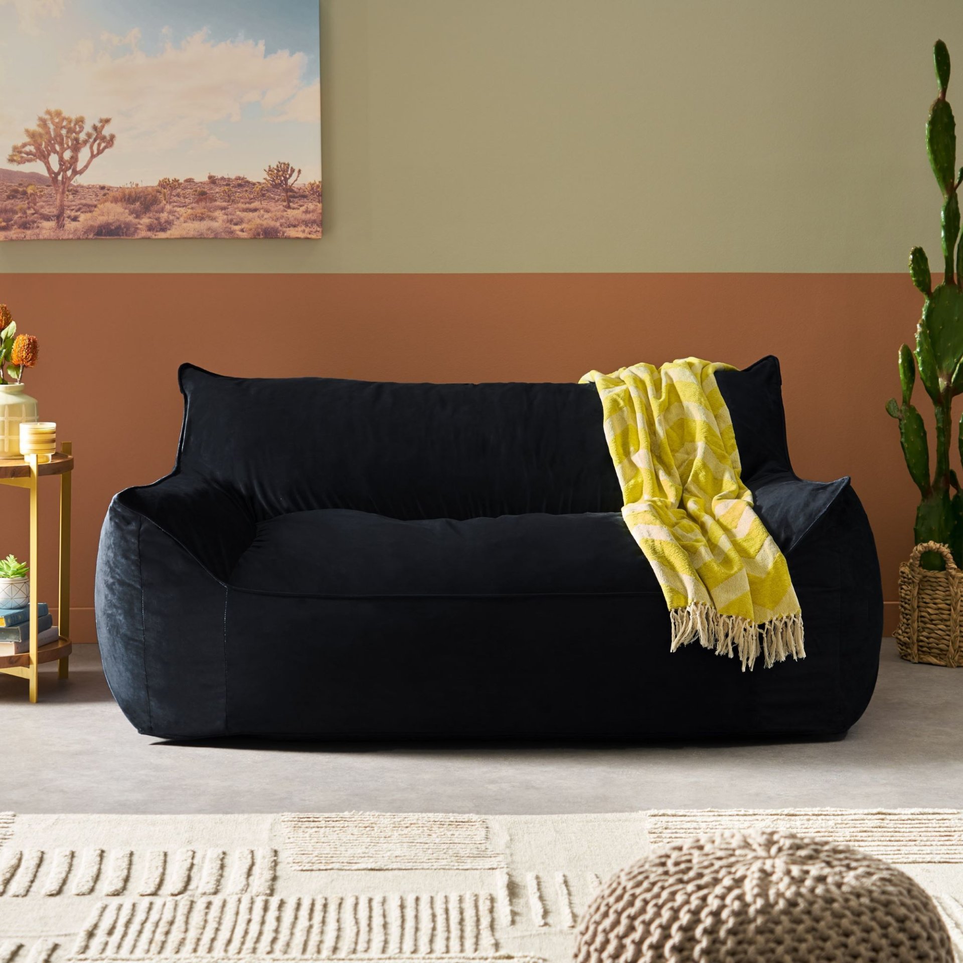 Fila - Velveteen 2 Seater Oversized Bean Bag Chair With Armrests - Dark Blue - Image 2