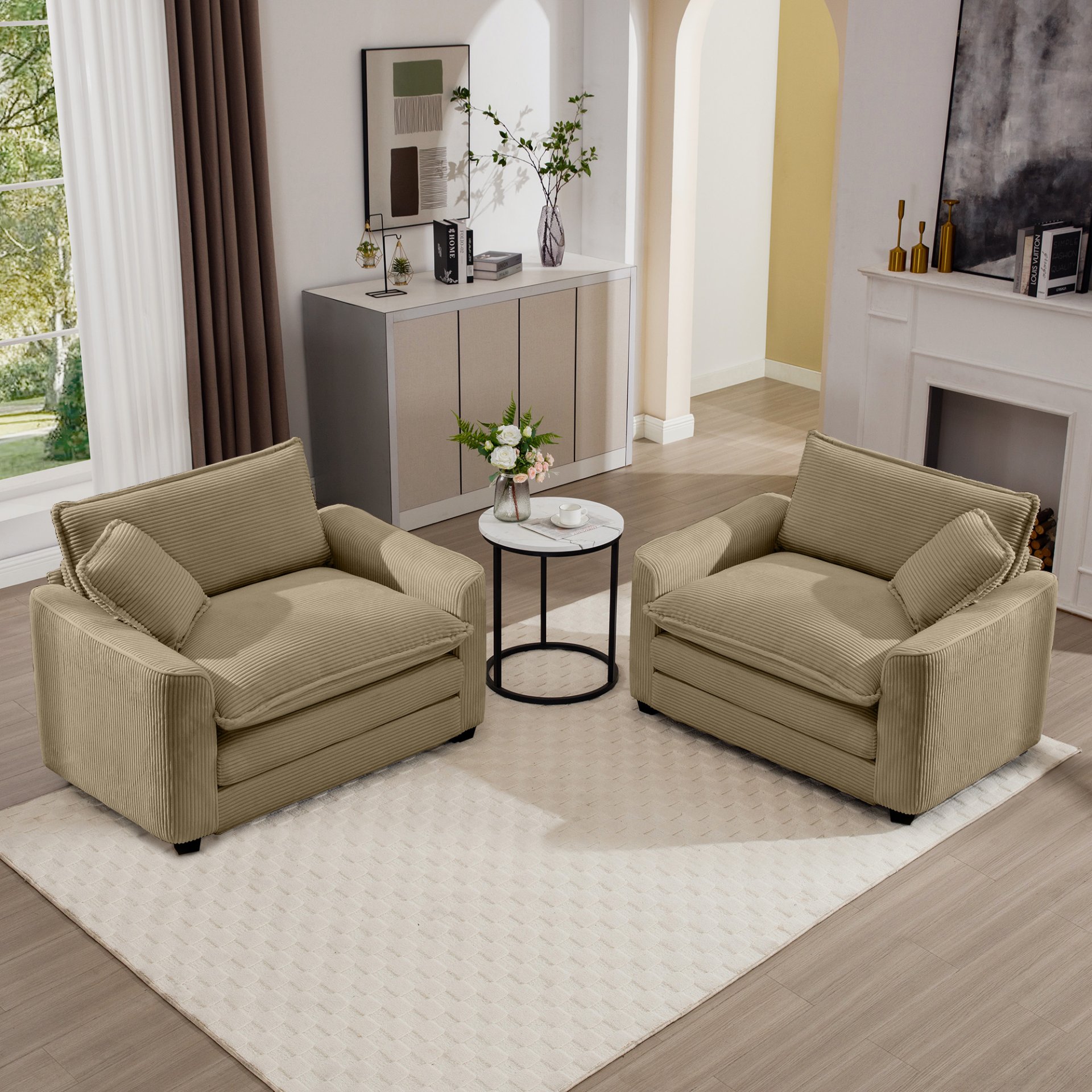 Luxurious Deep Seated Sofa Set With 2 Single Chairs Corduroy For Bedroom And Office - Tan - Image 12