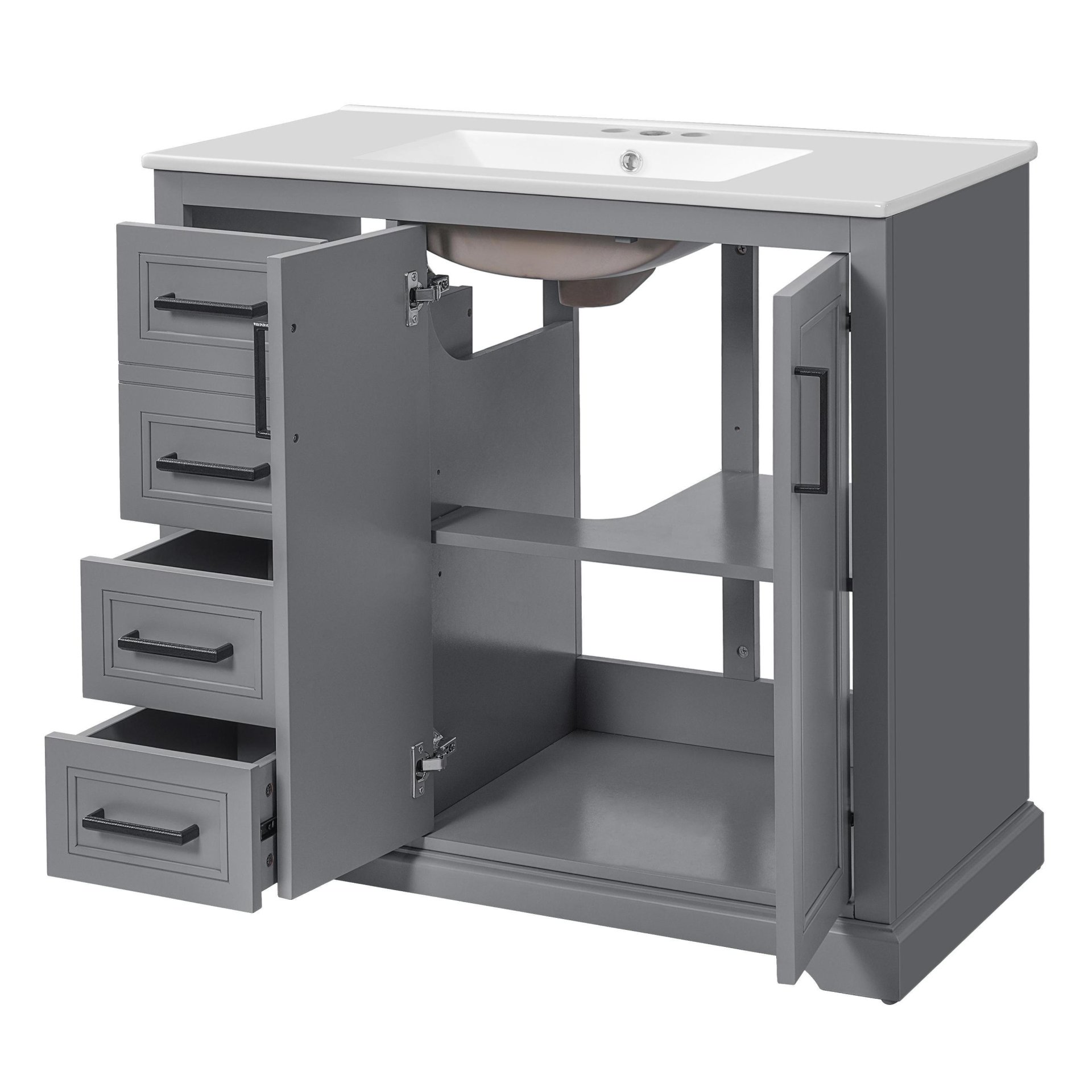 36" Bathroom Vanity With Sink, Soft Close Doors, Adjustable Shelf & 3 Drawers - Gray - Image 13