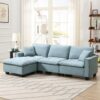Modern Convertible Sectional L Shaped Reversible Couch Set With Free Pillows 4 Seat Suede Sleeper Sofa With Ottoman - Light Blue - Image 17
