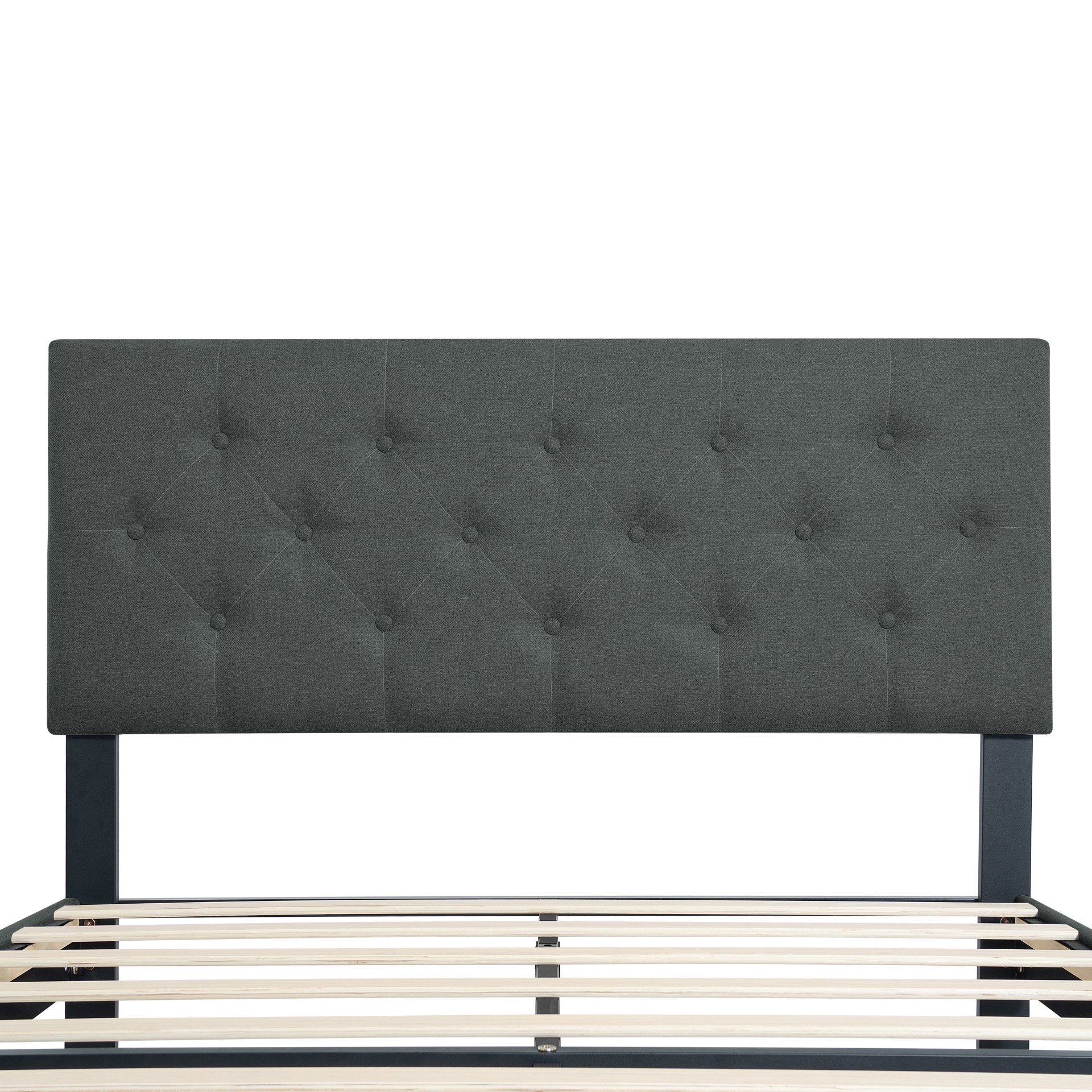 Queen Size Upholstered Platform Bed Frame With Modern Button Tufted Linen Fabric Headboard, Wood Slat Support - Dark Gray - Image 6