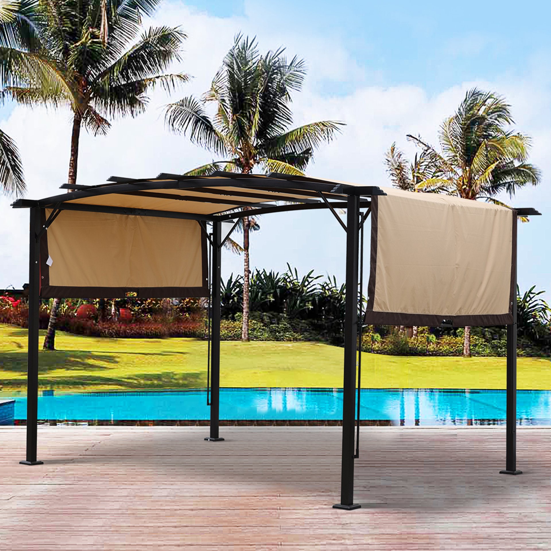 12 X 9 Ft Outdoor Patio Pergola Gazebo Steel Frame Sun Shelter With Retractable Canopy & - Beige / Brown - Image 4