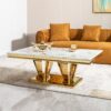 Modern Rectangular Coffee Table With Marble Pattern Top, Stainless Steel Base - Gold - Image 4
