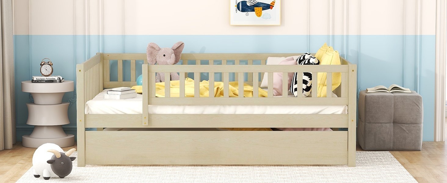 Full Size Daybed With Trundle And Fence Guardrails - Natural - Image 18