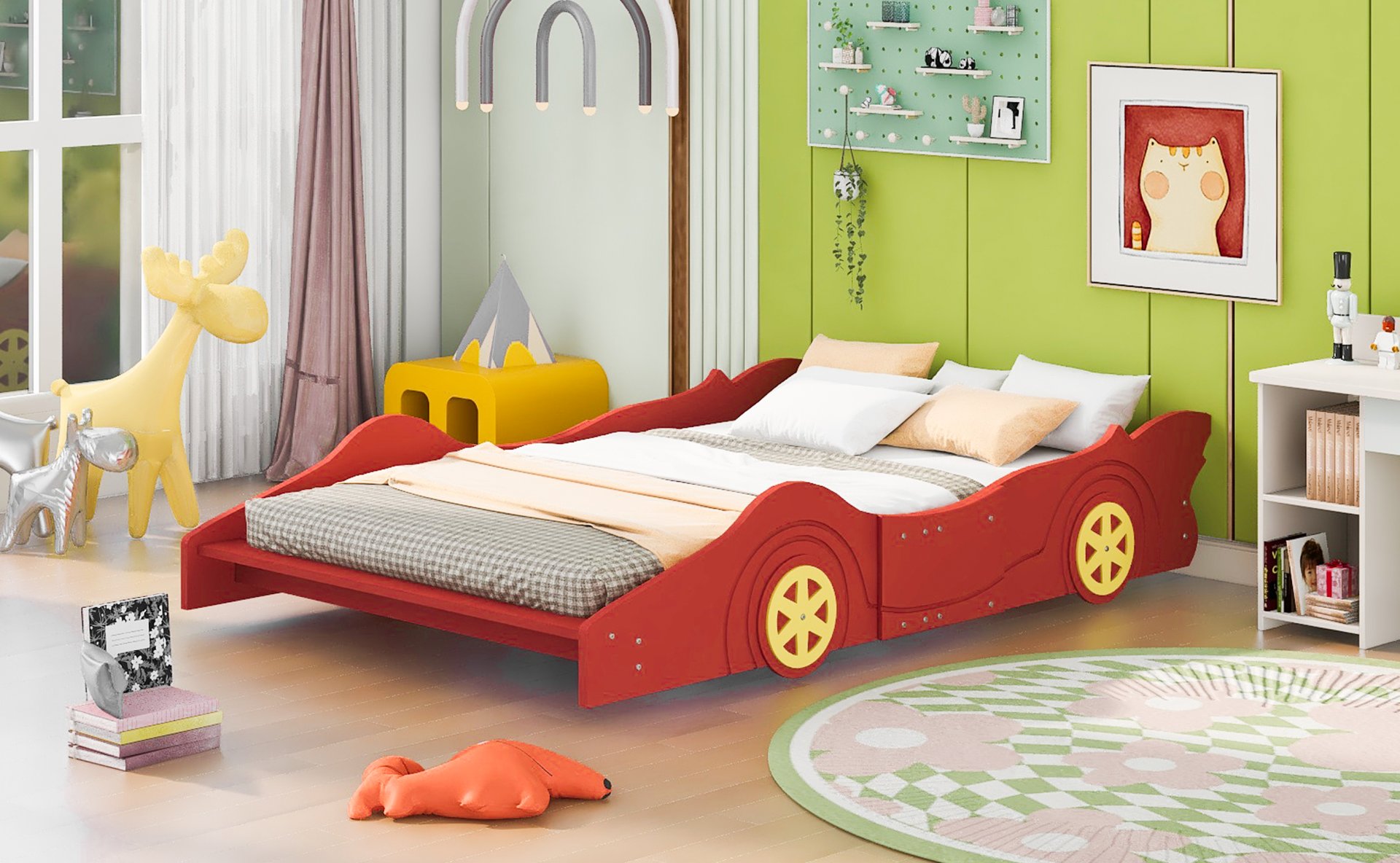Full Size Race Car Shaped Platform Bed & Wheels - Red - Image 11