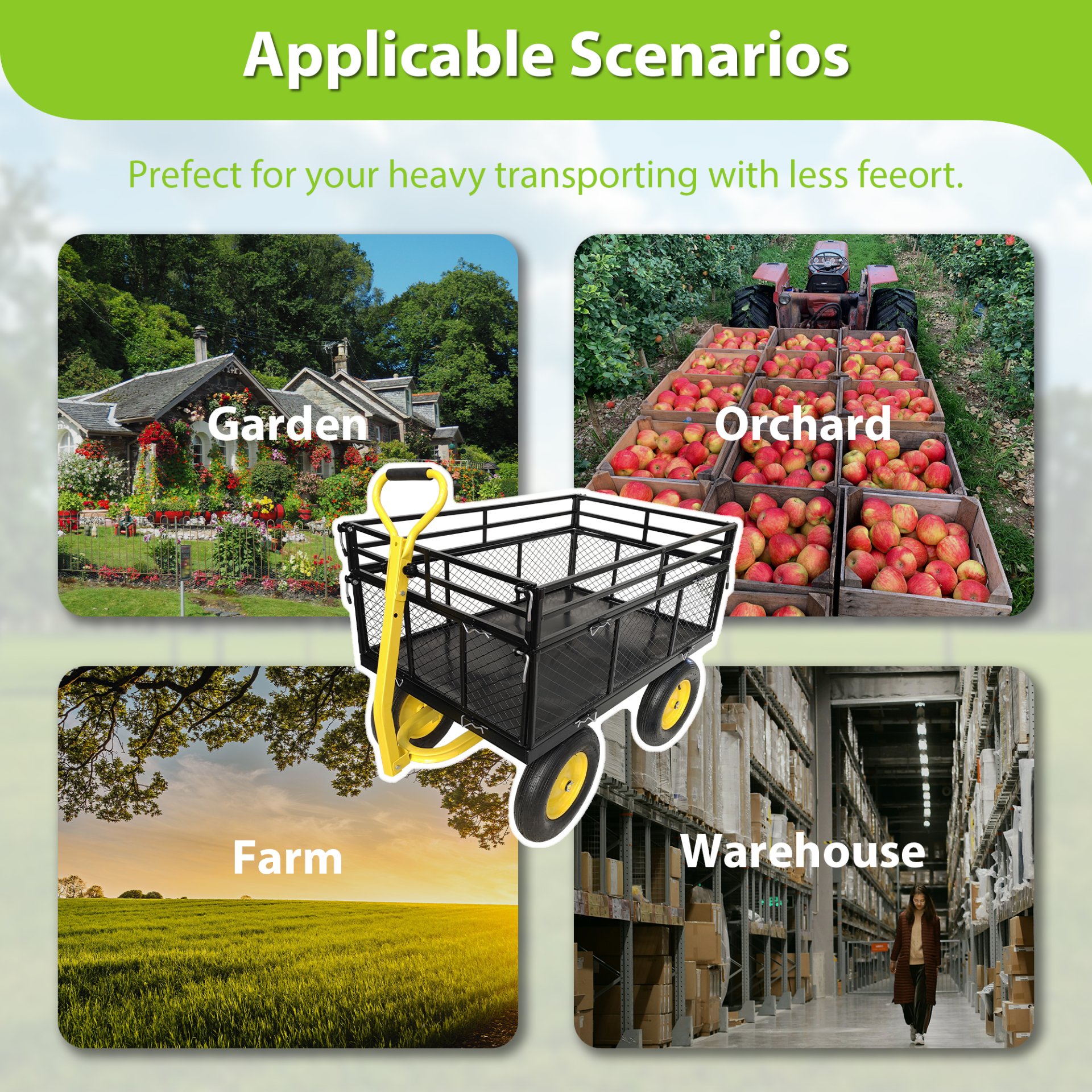 Steel Garden Cart, Heavy Duty 1400 Lbs Capacity, With Removable Mesh Sides To Convert Into Flatbed, Utility Metal Wagon With 2-In-1 Handle And 16 In Tires, Perfect For Garden, Farm, Yard - Black - Image 4