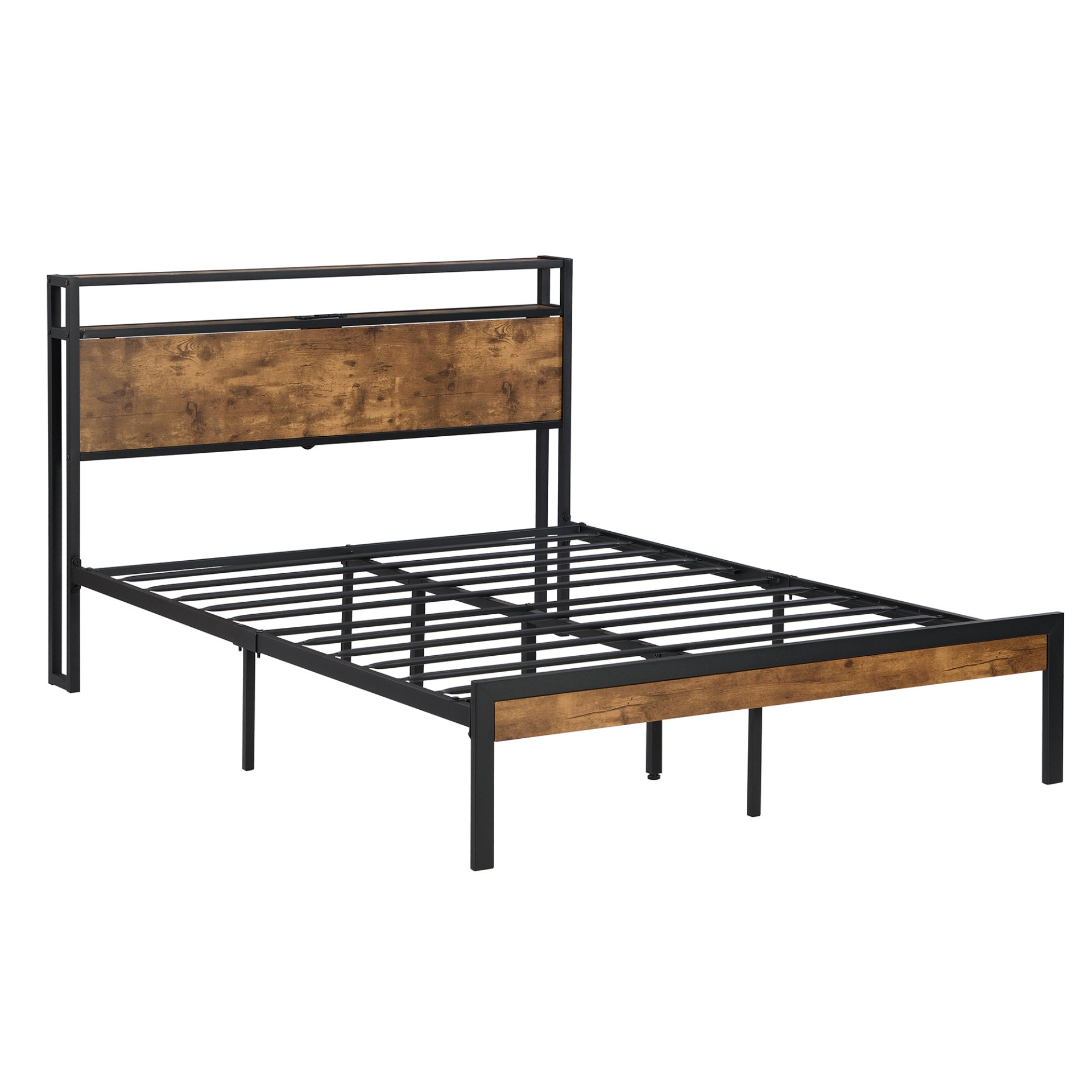 Full Size Metal Platform Bed Frame With Wooden Headboard And Footboard With USB Liner, No Box Spring Needed, Large Under Bed Storage - Brown - Image 5