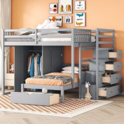 Full Over Twin Bunk Bed With Wardrobe, Drawers - Gray