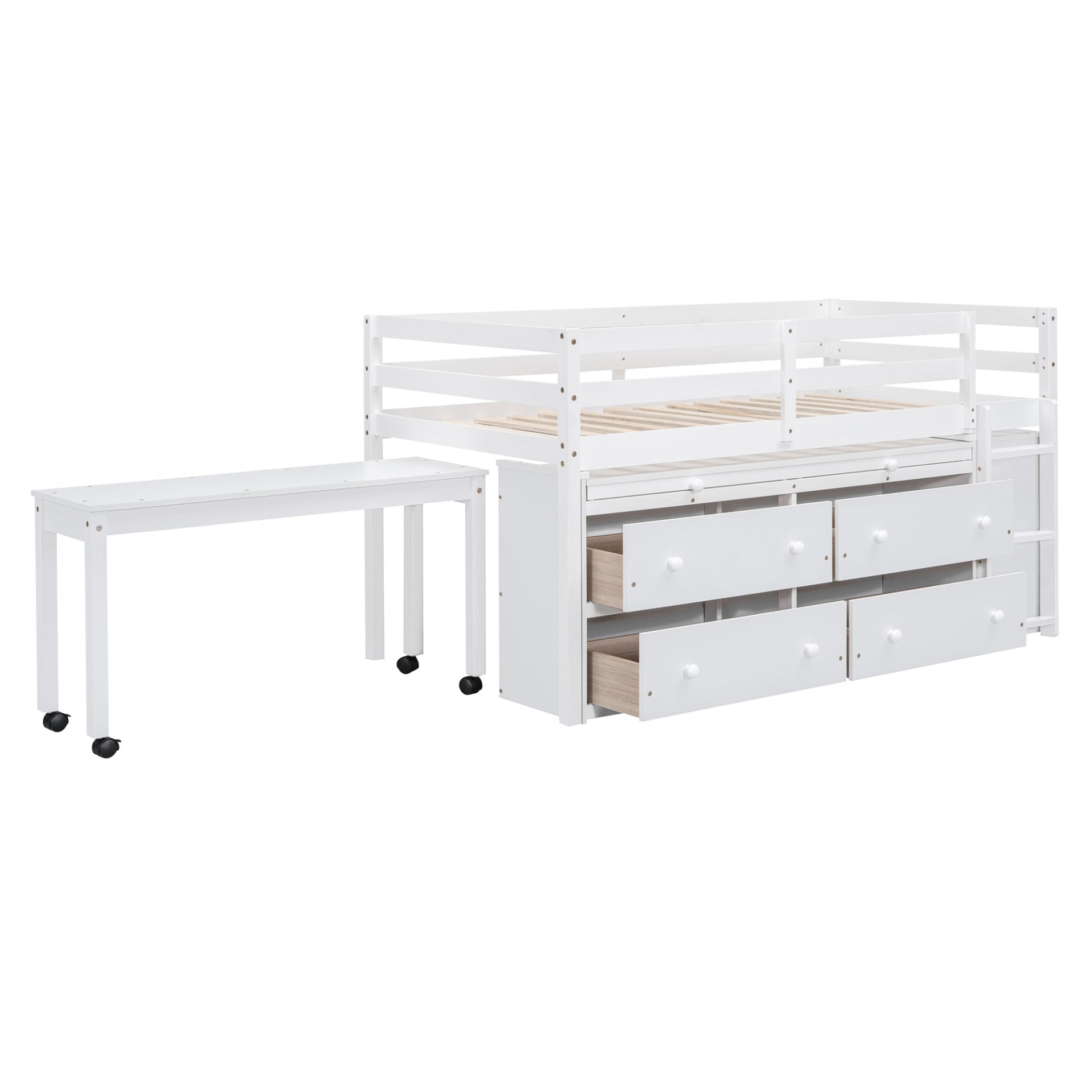 Twin Size Loft Bed With Retractable Writing Desk And 4 Drawers, With Lateral Portable Desk And Shelves - White - Image 4