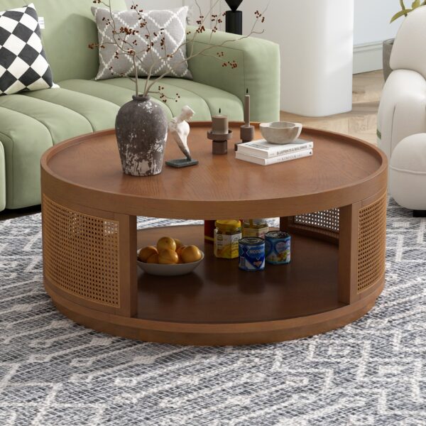 Wooden Mid-Century Modern Coffee Table, Round Cane Coffee Table With Side For Living Room - Brown