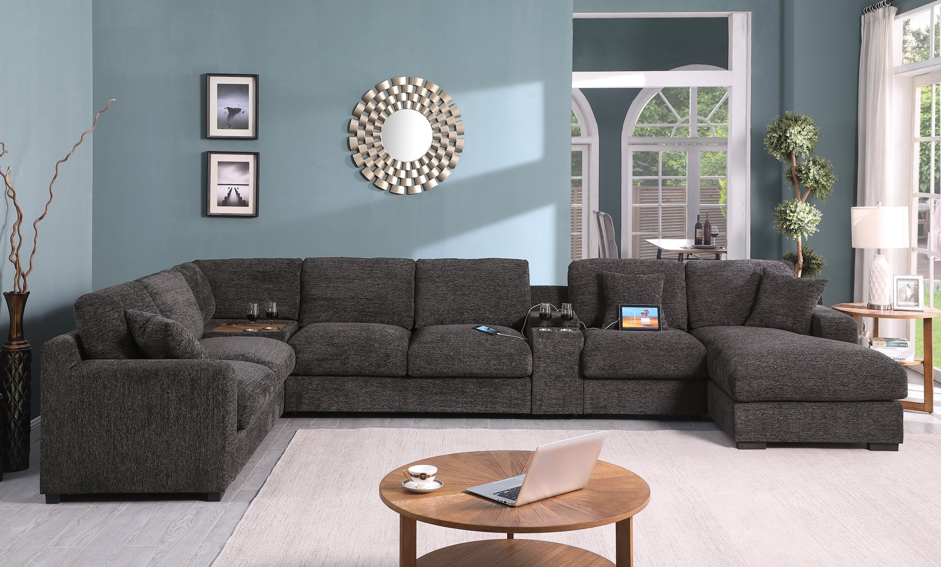 Celine - Chenille Fabric Corner Sectional Sofa With Right Facing Chaise, Cupholders, And Charging Ports - Gray - Image 8