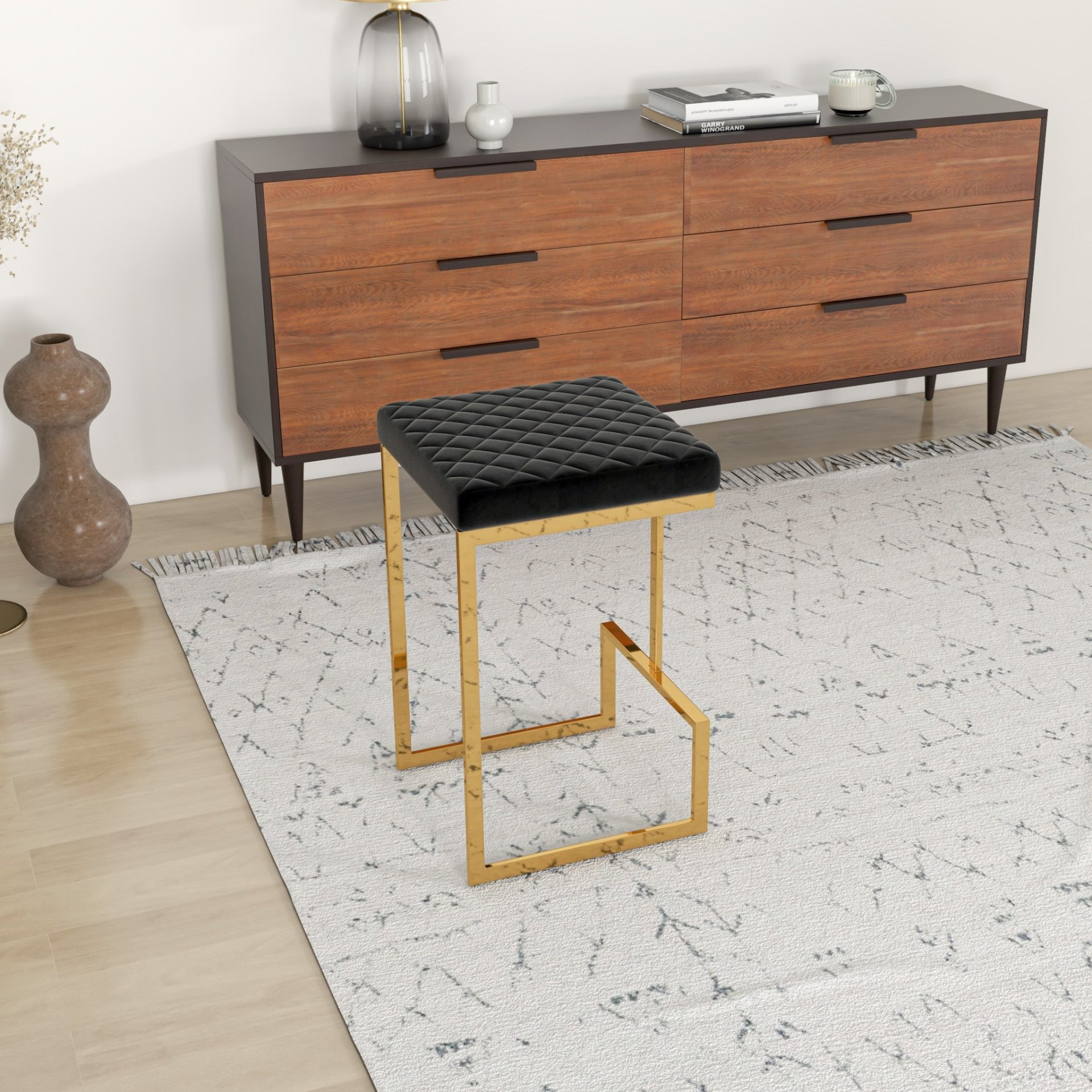 Joel - Mid-Century Modern Luxury Upholstered Stool - Black / Gold - Image 2