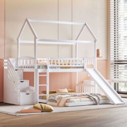 Twin Over Full Bunk Bed With Slide, House Bed With Slide - White