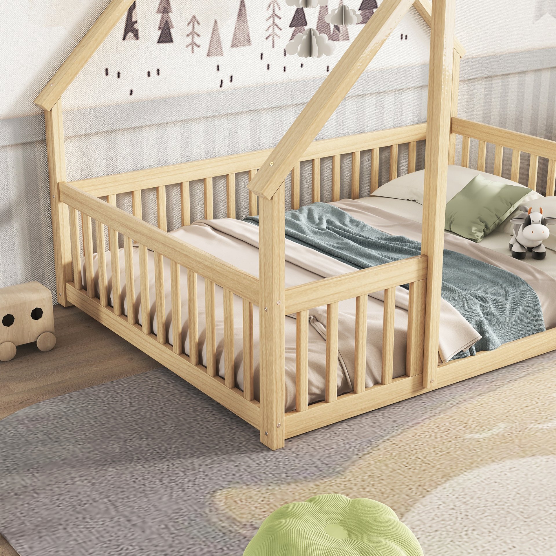 Full Wood House-Shaped Floor Bed With Fence, Guardrails - Natural - Image 4