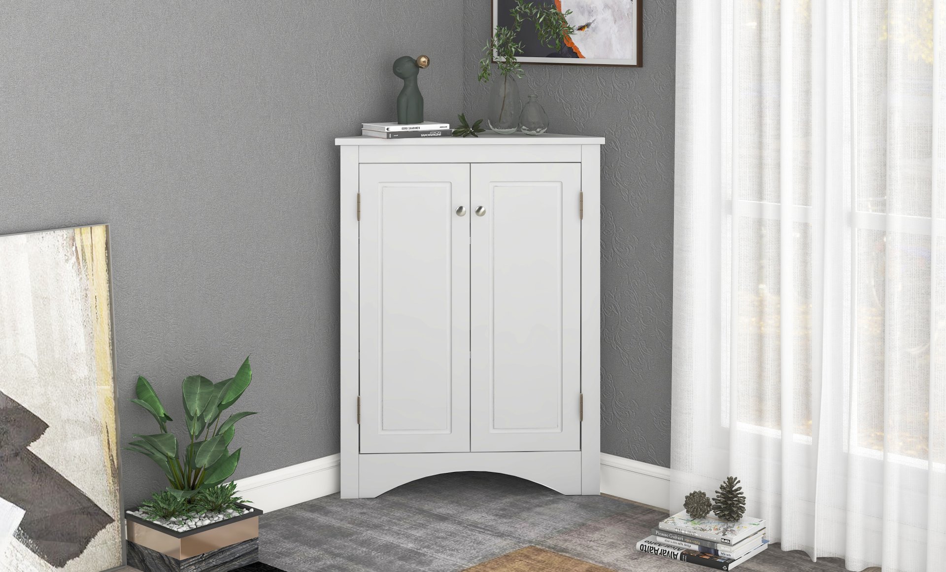 Triangle Bathroom Storage Cabinet With Adjustable Shelves, Freestanding Floor Cabinet For Home Kitchen - White - Image 7