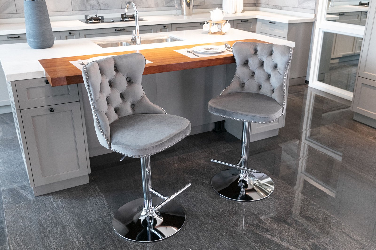 Swivel Velvet Barstools Adjusatble Seat Height From 25-33", Modern Upholstered Chrome Base Bar Stools With Backs Comfortable Tufted For Home Pub And Kitchen Island (Set of 2) - Gray - Image 15