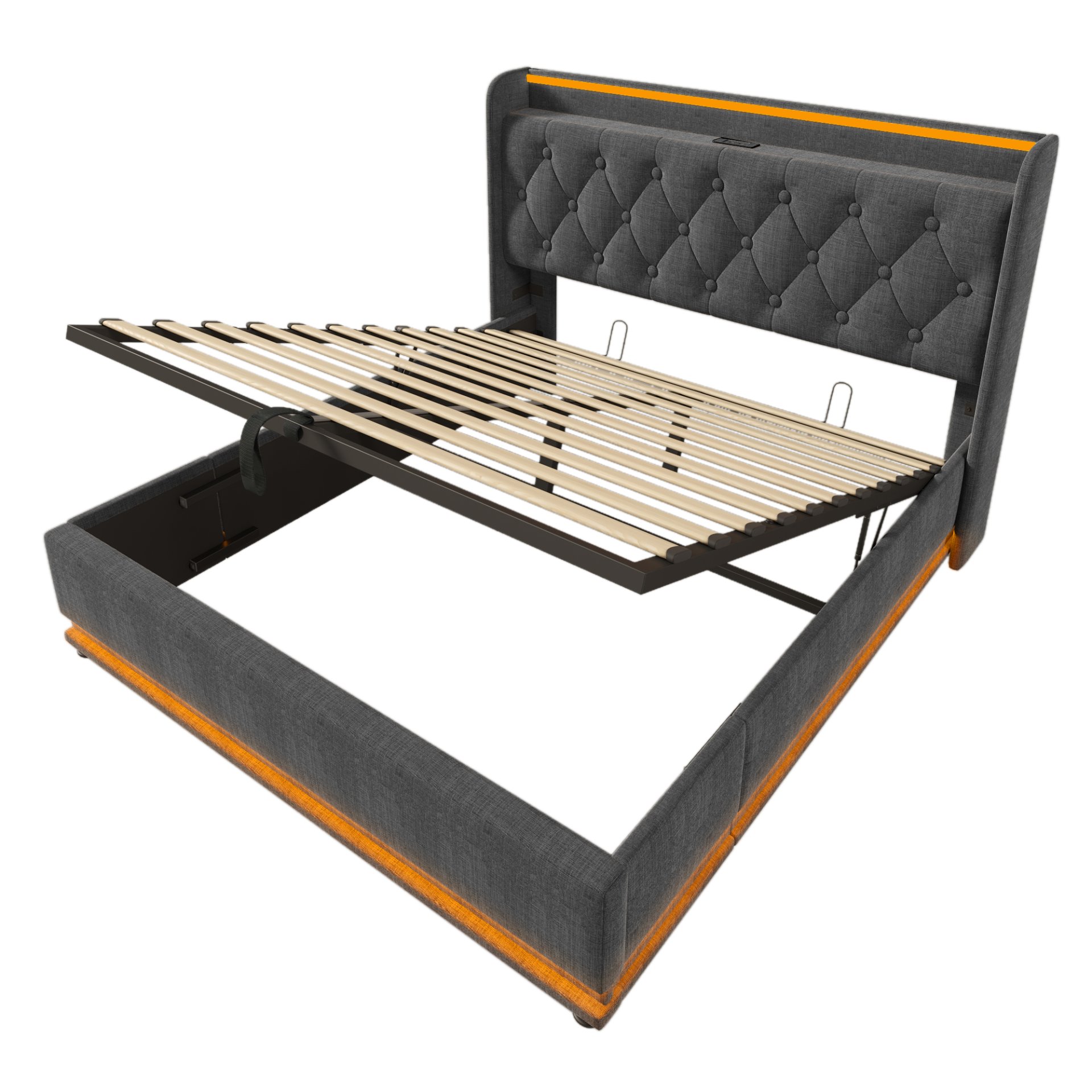 Full Size Upholstered Bed, 360 Surround LED Function, Buttons / Apps / Remote Control, Hydraulic Storage Bed With USB Type-C Charging (Without Mattress) - Gray - Image 22