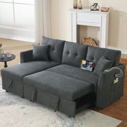 Sectional Sofa Bed L Shaped Sofa Couch Bed With USB Port, Reversible Sofa Couch Sleeper With Pull Out Bed, Chaise With Storage, Pull Out Couch For Living Room - Gray