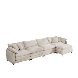 Classic & Modern Sectional Sofa With Ottoman Light Corduroy Upholstered 3 Seat Couch For Living Room - Beige