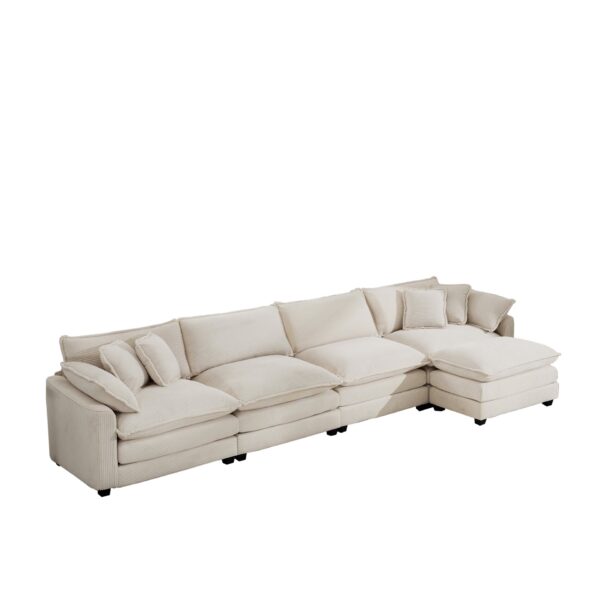 Classic & Modern Sectional Sofa With Ottoman Light Corduroy Upholstered 3 Seat Couch For Living Room - Beige